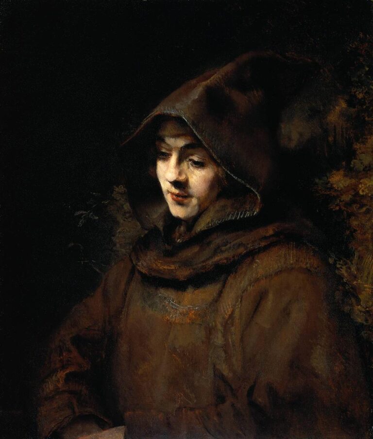 Half-length portrait of Titus van Rijn wearing a brown monk’s hood and robe, head slightly bowed and softly lit from the left, set against a dark background with warm, textured brushwork characteristic of late Rembrandt.