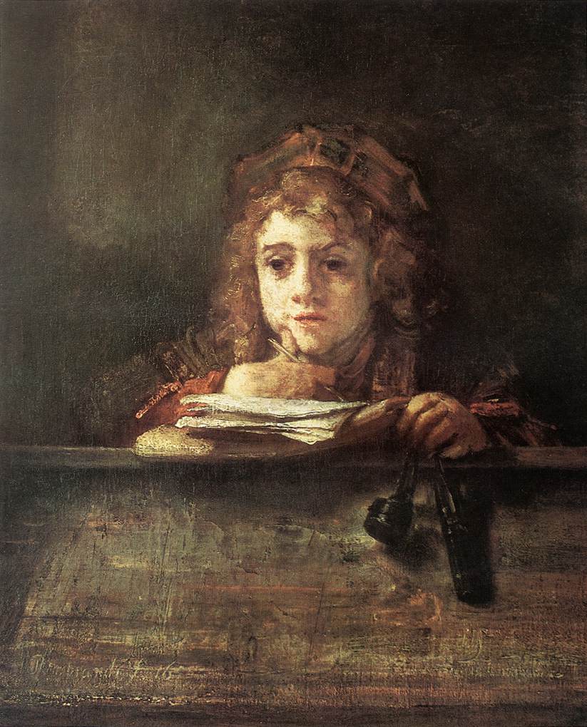 Oil portrait of a teenage boy leaning over a desk with papers and a quill, an inkpot hanging by cords from his right hand; his softly lit face looks downward against a dark background.