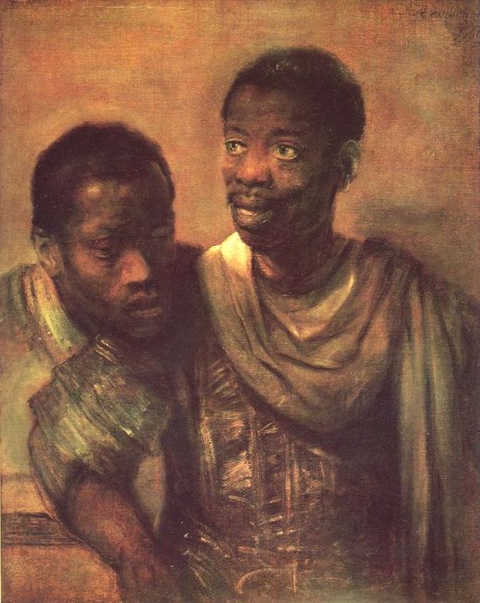 Rembrandt double portrait of two Black men at half length, one leaning with eyes downcast, the other upright with a gentle, lifted gaze; warm earth tones, soft golden light, and atmospheric brown background emphasize their individuality and shared presence.