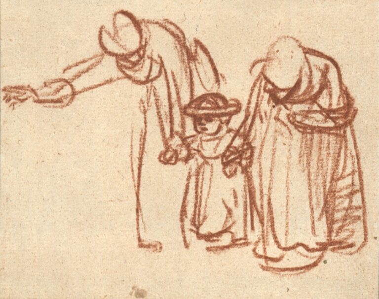 Red-chalk sketch of two women bending toward a toddler between them; the woman at left extends an arm forward, the woman at right shelters with her body, and the child strides with clenched fists and a small hat, all set against an otherwise blank page.