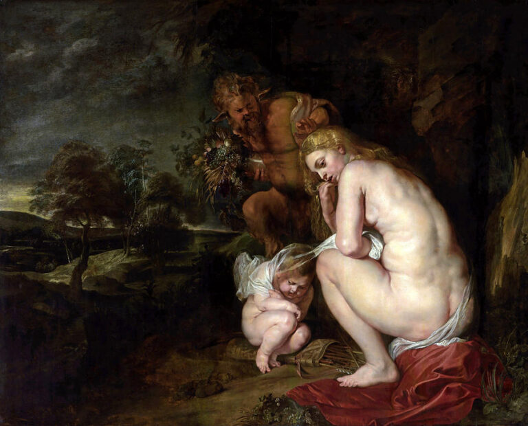 In Rubens’s “Venus Frigida,” a crouching nude Venus and shivering Cupid huddle in a rocky grotto as a satyr arrives with grapes and grain, cold light falling against a windy landscape.