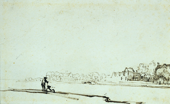Sparse ink drawing of the Amstel River with a dark foreground bank at left, a lone figure and dog, a pale expanse of water, and a thin distant strip of trees and buildings under a broad, nearly empty sky.