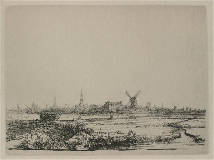 Wide etching by Rembrandt showing Amsterdam as a thin distant skyline of spires and windmills above marshy meadows and ditches, with dense reeds in the foreground and a vast blank sky occupying most of the image.