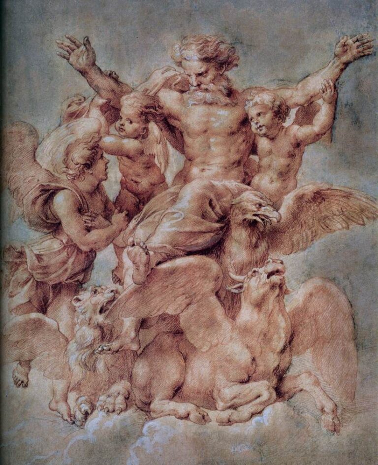 Dynamic drawing by Peter Paul Rubens showing God the Father borne forward by winged beasts of the tetramorph, flanked by putti and an angel, rendered in warm red-brown tones with bright highlights against a cloudy sky.