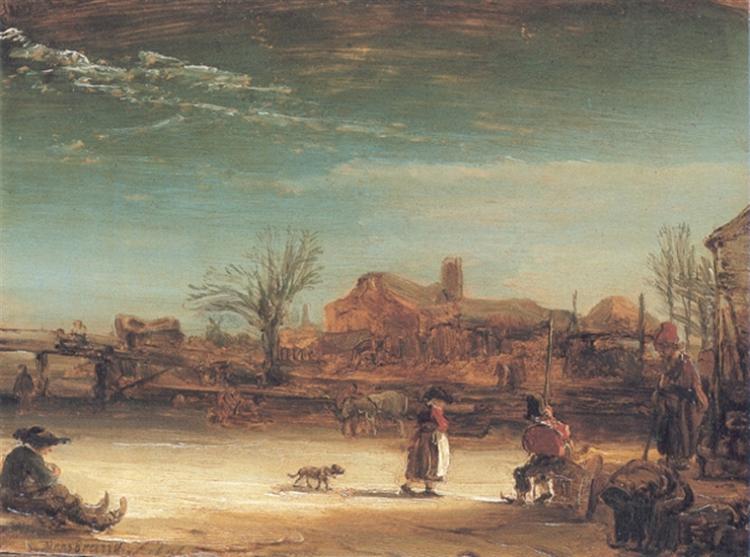 A low Dutch village under a wide winter sky with pale ice in the foreground; small figures walk and rest, a child follows a dog, buildings glow warm at the horizon, and bare trees and a bridge knit the scene together in quiet light.