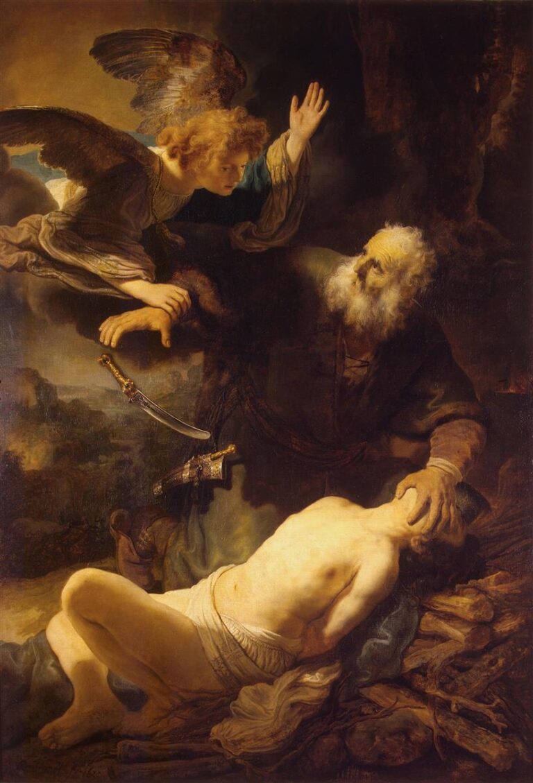 Rembrandt’s “Sacrifice of Isaac” showing an angel seizing Abraham’s wrist as a knife drops, while Isaac lies bound on a woodpile; dramatic light illuminates the figures against a shadowed landscape.