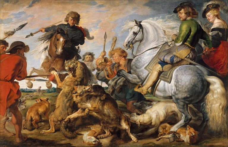 Riders and footmen on spirited horses drive a pack of hounds against lunging wolves and foxes; a white horse rears at right, a trumpet blares at center, spears and cloaks flash under a clouded sky in a tumultuous hunting scene.
