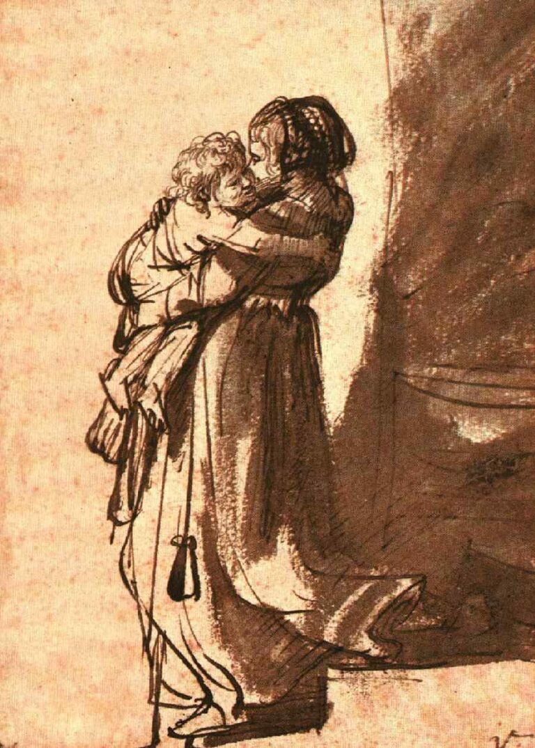 Ink and brown-wash drawing by Rembrandt showing a woman in a long robe descending the last steps while hugging a curly-haired child to her shoulder; the right side is a dark stairwell shadow, the figures highlighted by light from the left, emphasizing movement and a protective embrace.