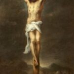 Vertical painting by Bartolomé Esteban Murillo showing the nude Christ with a white loincloth nailed to a wooden cross, head bowed, against a dark cloudy sky, with a skull on the ground and a faint city in the distant background.