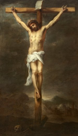 Vertical painting by Bartolomé Esteban Murillo showing the nude Christ with a white loincloth nailed to a wooden cross, head bowed, against a dark cloudy sky, with a skull on the ground and a faint city in the distant background.