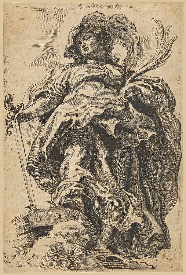 Monochrome Baroque image by Peter Paul Rubens showing Saint Catherine of Alexandria as a towering figure seen from below, wrapped in billowing robes, holding a sword in one hand and a palm frond in the other, standing on clouds and ruins with her head crowned and turned upward.