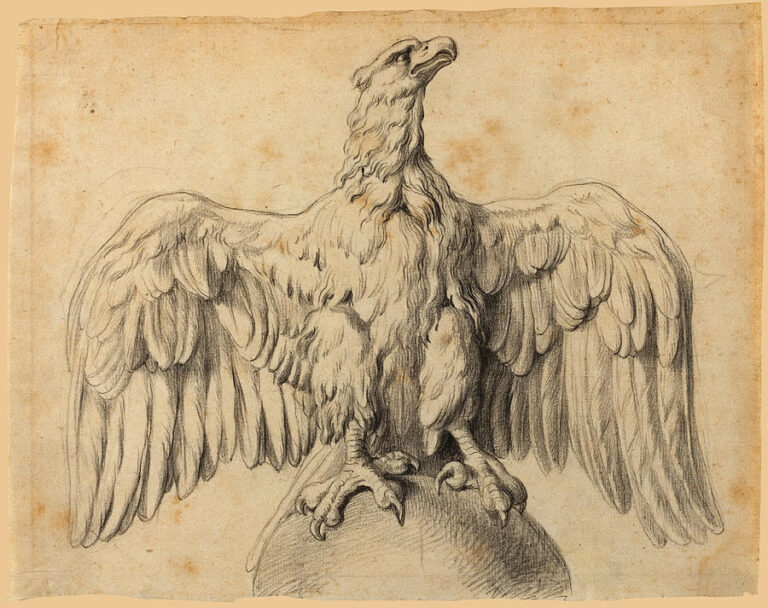 Detailed drawing by Peter Paul Rubens showing a majestic eagle standing on a globe with wings spread wide, carefully shaded feathers, hooked beak, and powerful talons, set against an empty parchment background.