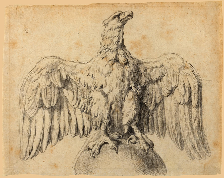 Detailed drawing by Peter Paul Rubens showing a majestic eagle standing on a globe with wings spread wide, carefully shaded feathers, hooked beak, and powerful talons, set against an empty parchment background.
