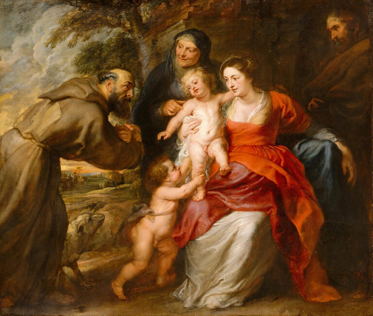 Baroque painting by Peter Paul Rubens showing the Virgin Mary in red seated with the Christ Child on her lap as he leans toward a kneeling Saint Francis, with Saint Anne behind them, the infant Saint John the Baptist at Mary’s feet, and Saint Joseph in shadow, all gathered before a rustic landscape.