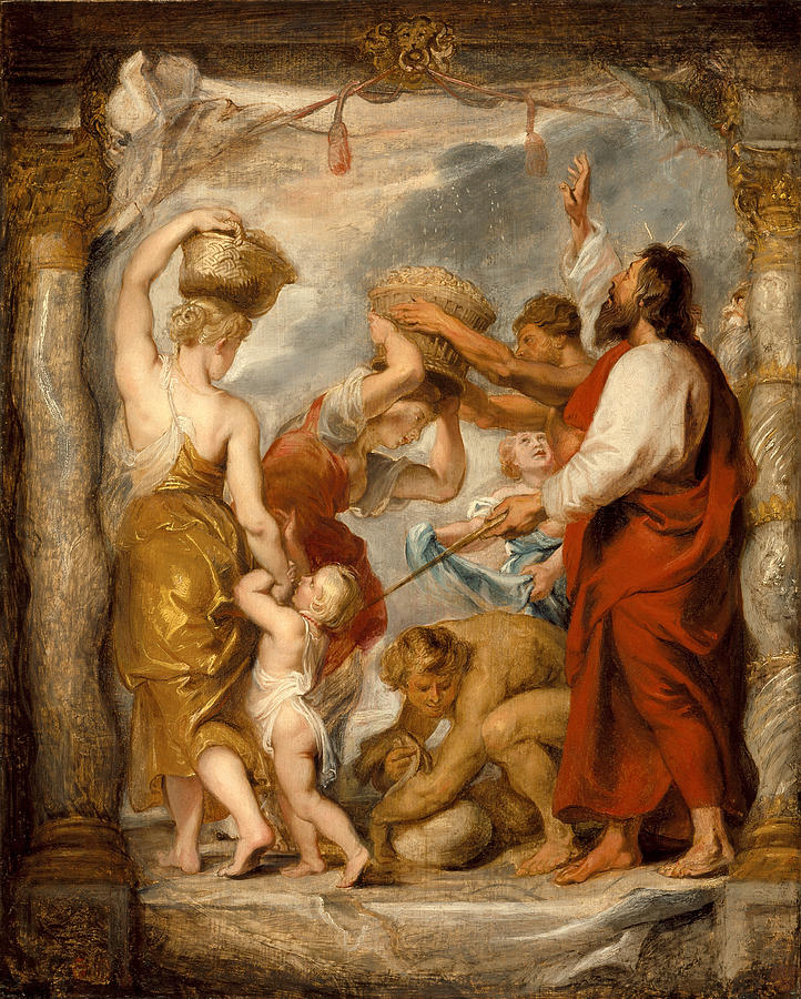 Painting of Israelites crowding under an architectural arch as women lift baskets and people gather falling manna, with Moses in a red robe pointing toward heaven.