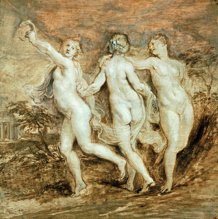 Oil sketch by Peter Paul Rubens showing three nude women, the Three Graces, dancing together in a rustic landscape, their intertwined bodies painted with loose, warm brushstrokes against a brownish sky.