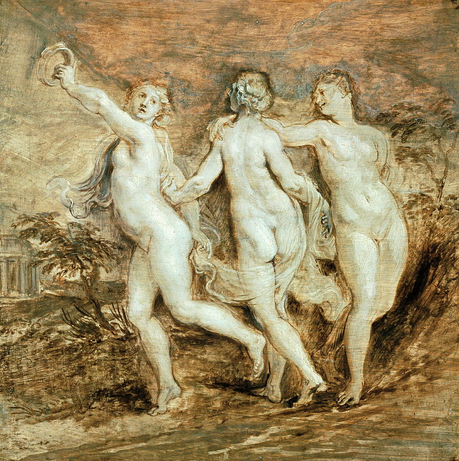 Oil sketch by Peter Paul Rubens showing three nude women, the Three Graces, dancing together in a rustic landscape, their intertwined bodies painted with loose, warm brushstrokes against a brownish sky.