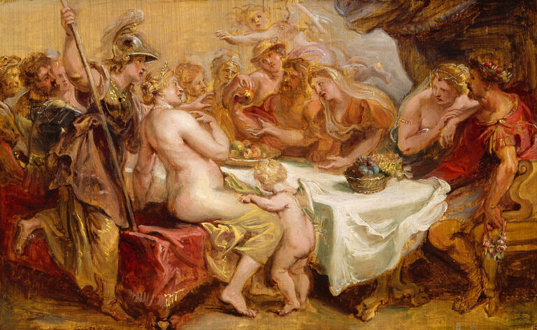Baroque painting by Peter Paul Rubens showing the wedding banquet of Peleus and the sea goddess Thetis, with Thetis seated nude at a table, Peleus opposite her, gods and goddesses crowded around, cupids hovering above, and a white tablecloth laden with fruit in a warm golden light.