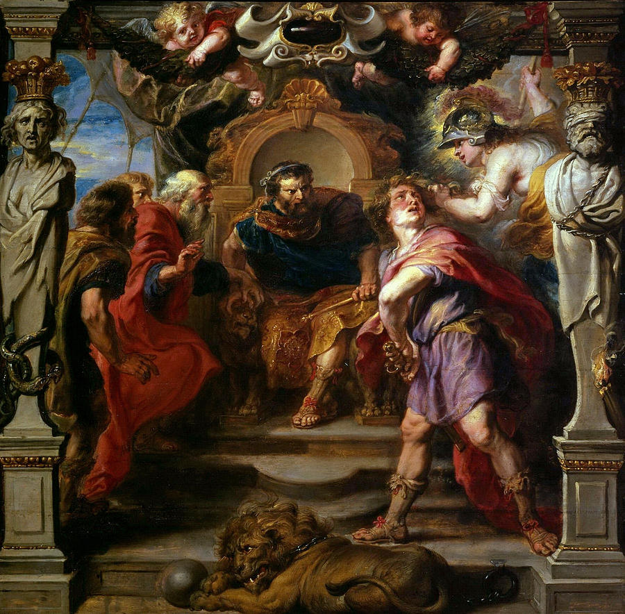 Mythological painting showing Achilles in a red cloak whirling away in anger before King Agamemnon on a throne, as the armored goddess Athena restrains him, with counselors, marble statues, and a chained lion framing the scene.