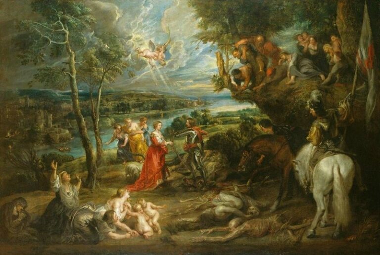 Wide river landscape with trees and a distant city where Saint George, in armor beside his horse, greets the rescued princess; angels descend in rays of light, townsfolk rejoice, and the slain dragon with victims lies in the foreground, all painted in Rubens’s luminous Baroque style.