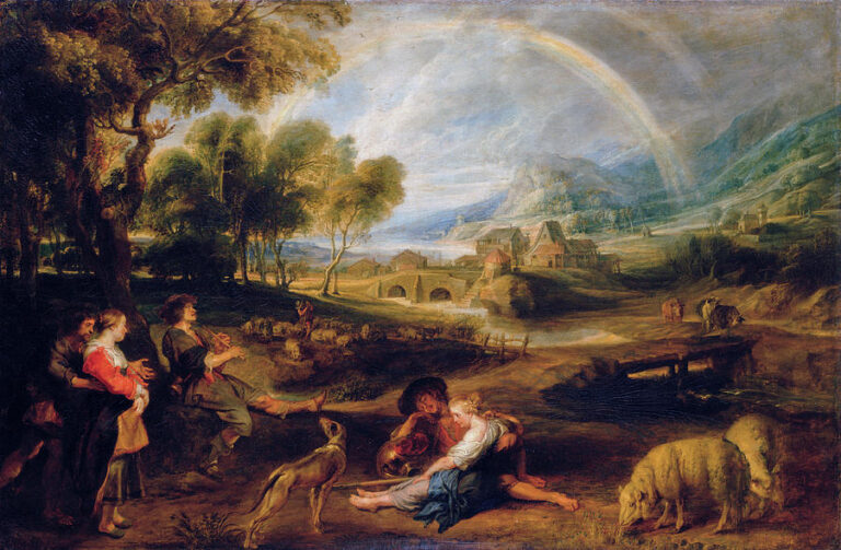 Wide Baroque landscape by Peter Paul Rubens showing a countryside with peasants, a reclining couple, sheep and a dog in the foreground, a village and bridge in the middle distance, hills in the background, and a large rainbow arching across a bright, cloud-filled sky.