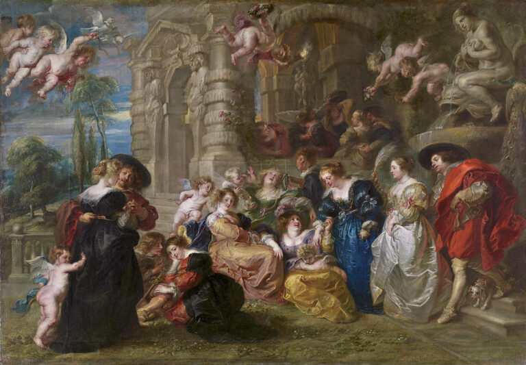 Large Baroque painting by Peter Paul Rubens showing elegantly dressed men and women socializing with children and flying cupids in a grand garden with classical architecture and a Venus fountain under a bright, cloud-filled sky.