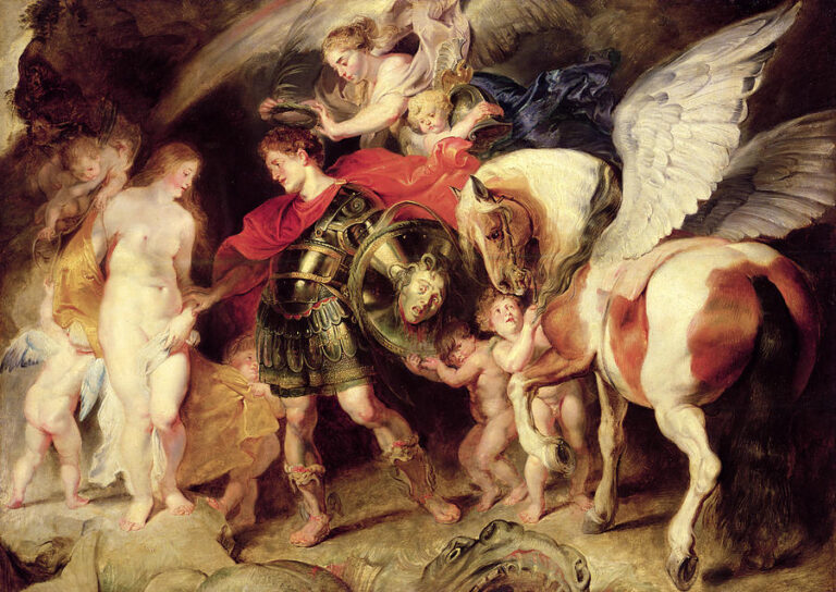 Mythological scene of Perseus in gleaming armor taking Andromeda’s hand while cherubs manage a round shield with Medusa’s head and bridle a winged Pegasus; draperies and feathers swirl as the defeated sea monster lies below.