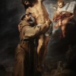 Baroque painting by Bartolomé Esteban Murillo showing Saint Francis of Assisi in a brown habit embracing the crucified Christ on a tall cross, with a small angel holding a tablet beside them and a dark landscape in the background.