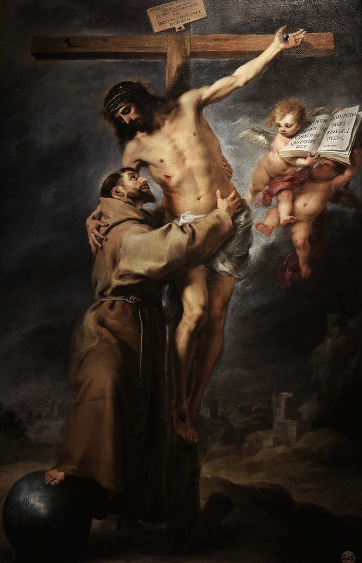 Baroque painting by Bartolomé Esteban Murillo showing Saint Francis of Assisi in a brown habit embracing the crucified Christ on a tall cross, with a small angel holding a tablet beside them and a dark landscape in the background.