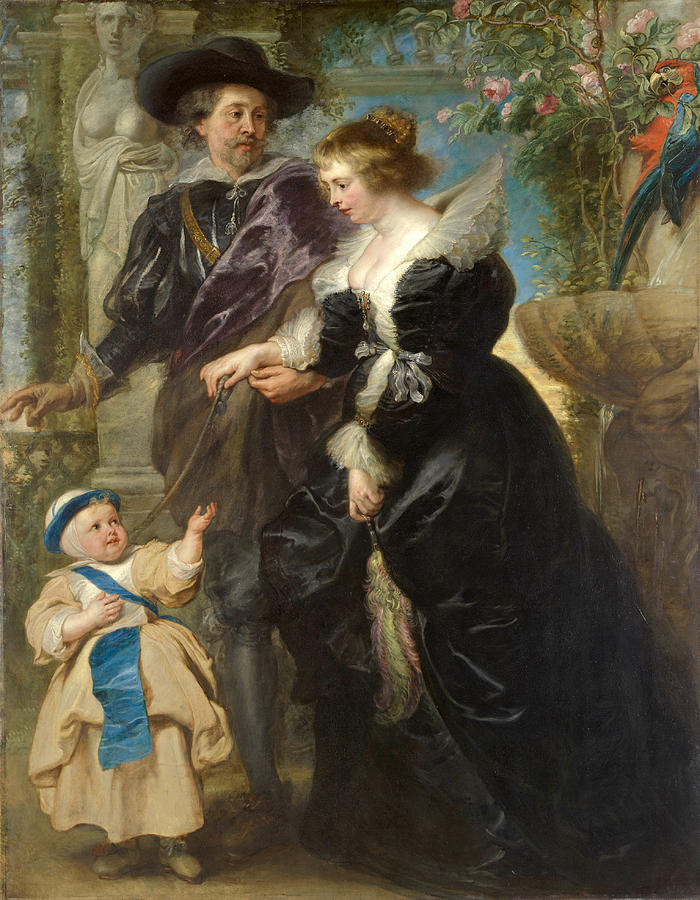 Garden portrait of Peter Paul Rubens in a wide-brimmed hat guiding his wife Helena Fourment in a black satin dress as their toddler Frans reaches up; roses, classical stonework, and a colorful parrot frame the graceful family promenade.