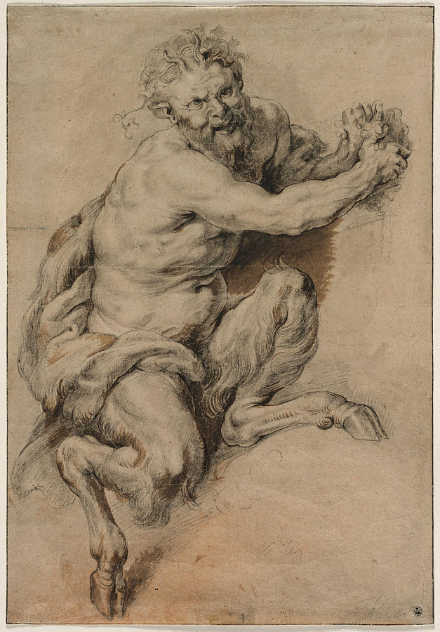 Chalk drawing by Peter Paul Rubens of a muscular faun with goat legs, seated and twisting toward the viewer while clasping an unseen bunch of grapes in his raised hands, his wild hair and grin emphasizing the creature’s energetic, Bacchic character against a plain toned background.