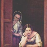 Baroque painting by Bartolomé Esteban Murillo showing a smiling young woman leaning on a window ledge while an older veiled duenna stands behind her partly hidden by the shutter, both emerging from a dark interior.