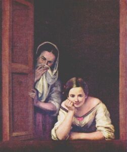 Baroque painting by Bartolomé Esteban Murillo showing a smiling young woman leaning on a window ledge while an older veiled duenna stands behind her partly hidden by the shutter, both emerging from a dark interior.