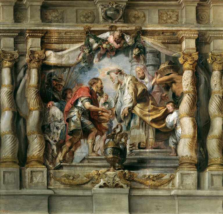 Baroque scene by Peter Paul Rubens showing Abraham kneeling before Melchizedek on temple steps under a garlanded canopy, with putti above, attendants, horse, ornate urn, and golden spiral columns as bread and wine are offered in blessing.