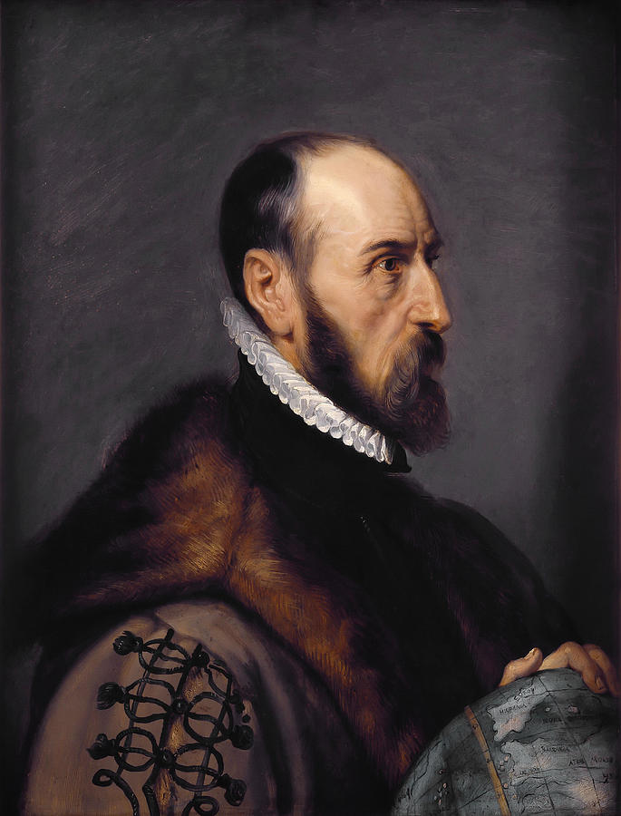 Baroque portrait by Rubens showing Abraham Ortelius in profile wearing a fur lined coat and white ruff, his right hand resting on a terrestrial globe against a dark neutral background.