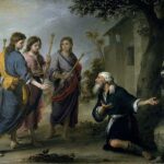 Baroque painting by Bartolomé Esteban Murillo showing Abraham kneeling beneath a tree and welcoming three youthful angels with staffs who stand opposite him in a quiet countryside setting with a house in the background.