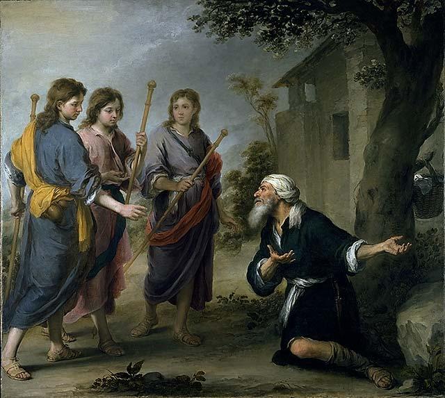 Baroque painting by Bartolomé Esteban Murillo showing Abraham kneeling beneath a tree and welcoming three youthful angels with staffs who stand opposite him in a quiet countryside setting with a house in the background.