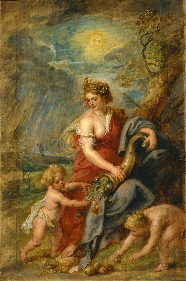 Baroque painting by Peter Paul Rubens showing a crowned woman in a red dress seated beneath a glowing sun, pouring fruit and vegetables from a cornucopia to three small putti in a green landscape.