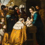 Baroque painting of the Adoration of the Magi by Murillo showing the Virgin Mary holding the infant Jesus on a manger table while an elderly king kneels in a gold fur lined cloak, two other kings stand behind with gifts, and soldiers and children look on inside a rustic stable.