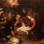 Baroque painting of the Nativity showing Mary presenting the sleeping infant Jesus in a manger to kneeling shepherds, surrounded by peasants, animals, and cherubic angels in a dimly lit stable.
