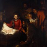 Baroque painting of the Nativity by Murillo showing Mary in a red dress unveiling the glowing infant Jesus in a manger while kneeling shepherds and villagers crowd around in a dark stable, their faces lit by the baby’s radiant light.