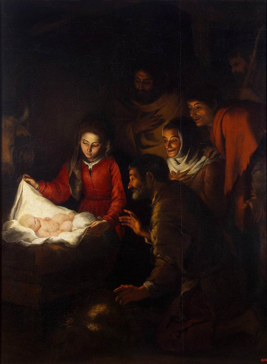 Baroque painting of the Nativity by Murillo showing Mary in a red dress unveiling the glowing infant Jesus in a manger while kneeling shepherds and villagers crowd around in a dark stable, their faces lit by the baby’s radiant light.