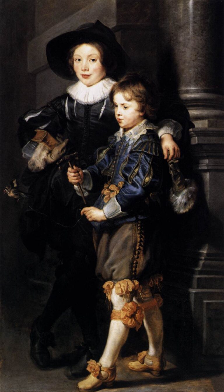 Full-length portrait of two boys by Peter Paul Rubens: the older Albert in black with a wide hat leans protectively against a column; the younger Nicolaas in a blue-and-gold outfit steps forward holding a stick with a small tethered bird; bright ruffs, rosettes, and warm light animate the scene.