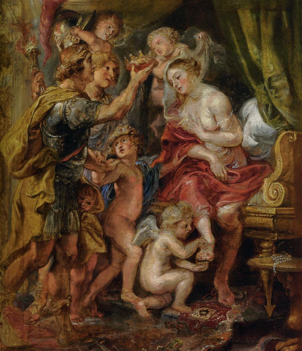 Baroque painting by Rubens showing Alexander the Great in armor offering a crown to the partially draped Roxana seated on a gilded bed, surrounded by winged putti who hold a torch, remove her sandal, and present the bridal crown amid rich red and gold draperies.