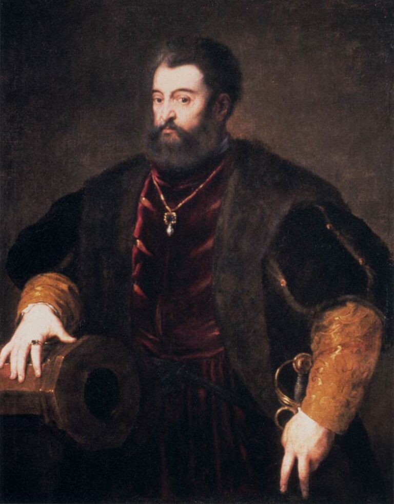Portrait painting by Peter Paul Rubens of Alfonso I d’Este standing in three quarter view, wearing a dark fur mantle over red velvet, one hand resting on a cannon and the other near the hilt of a sword, against a dark neutral background.