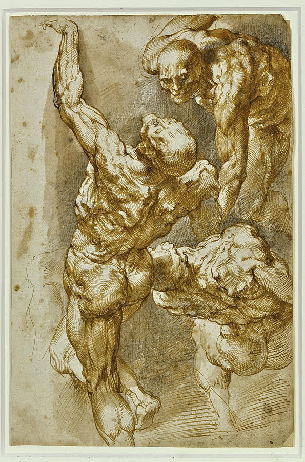 Monochrome drawing by Peter Paul Rubens showing three muscular nude male figures in extreme twisting poses, rendered with strong contour lines and dense hatching, the central figure seen from behind reaching upward while two others lean around him in a swirling, dynamic composition.