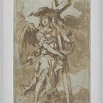 Monochrome drawing by Bartolomé Esteban Murillo of a winged angel standing in clouds, holding and embracing a large cross, with flowing robes and soft ink wash creating a calm, devotional atmosphere.