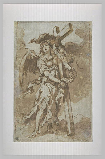 Monochrome drawing by Bartolomé Esteban Murillo of a winged angel standing in clouds, holding and embracing a large cross, with flowing robes and soft ink wash creating a calm, devotional atmosphere.