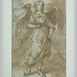 Monochrome drawing by Murillo showing a standing angel in flowing robes holding a long staff with a fluttering banner, wings spread behind and soft wash shading creating a sense of gentle movement.