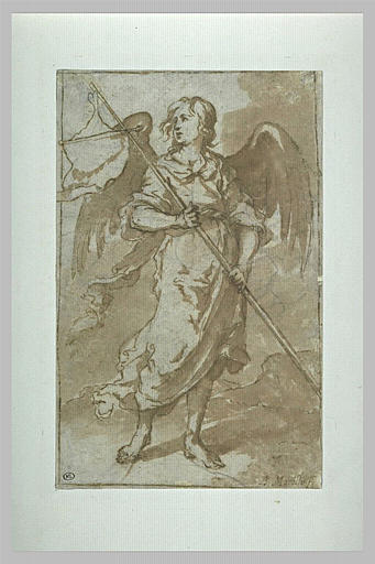 Monochrome drawing by Murillo showing a standing angel in flowing robes holding a long staff with a fluttering banner, wings spread behind and soft wash shading creating a sense of gentle movement.
